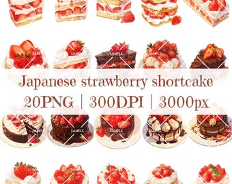 20 clipart di torta di fragole giapponese | Pacchetto PNG di dessert | Illustrazioni di pasticceria kawaii | Sfondo trasparente a 300 DPI