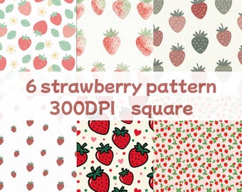 6 Erdbeer-Digitalpapiere | Niedliches, nahtloses Muster-Bundle | 300 DPI, druckbares Scrapbook-Papier | Rosa Kawaii-Frucht-Hintergrund