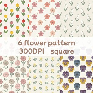 以下が含まれることがあります： 6つの正方形の花柄のコレクション。パターンには、チューリップ、桜、スズラン、バラ、小さな黄色の花、パンジーが含まれます。画像の中央には「6 flower pattern 300DPI square」というテキストが表示されています。
