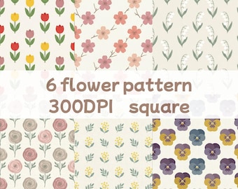 6 digitale Blumenmuster | Nahtloses Blumenmuster-Bundle | 300 DPI druckbares botanisches Scrapbook-Papier | Skandinavischer Pastellhintergrund