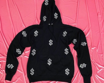 Black unisex hoodie sweatshirt with Full Coverage crystallized Dollar Signs