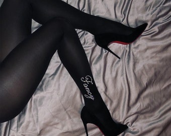 Black Tights with "FANCY" embellished at Ankle