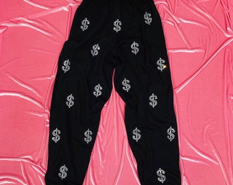 Black Sweatpants with Full Coverage Crystallized Money Signs