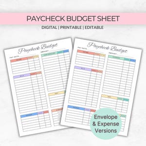 May include: Two printable "Paycheck Budget Sheet" templates. The sheets are white with colourful headers for income, bills, debt, and savings. Text includes "Digital | Printable | Editable" and "Envelope & Expense Versions."