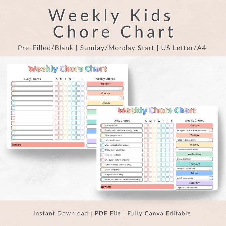 Kids Weekly Chore Chart Printable PDF Editable Canva Template for Daily ...