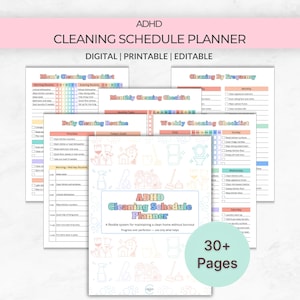 May include: ADHD Cleaning Schedule Planner, a digital and printable checklist. The planner includes checklists for daily, weekly, and monthly cleaning tasks. The cover features the text "ADHD Cleaning Schedule Planner" and "30+ Pages".