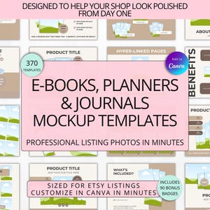 May include: A collection of 370 digital mockup templates for e-books, planners, and journals, featuring a beige and white color scheme with placeholders for images and text. The design includes labels like 'Product Title', 'Benefits', and 'What's Included'.