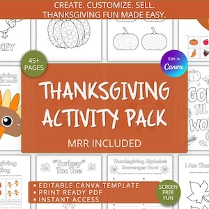 May include: A Thanksgiving activity pack featuring 45+ pages of printable colouring sheets, games, and crafts. The collection includes a turkey mask, counting exercises, and word games with text like "Gobble Til You Wobble" and "Turkey Tac Toe".