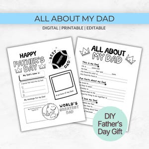 Puede incluir: Dos hojas de actividades imprimibles para el Día del Padre con indicaciones para completar. Una hoja dice "Feliz Día del Padre" e incluye espacio para una foto y un mensaje. La otra hoja dice "Todo sobre mi papá".