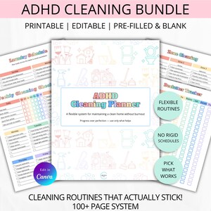 Könnte beinhalten: ADHS-Reinigungs-Bundle mit druckbaren, bearbeitbaren, vorgefüllten und leeren Reinigungsplanern. Enthält einen Wäscheplan, eine wöchentliche Reinigungscheckliste, Zonenreinigung und einen Entrümpelungs-Tracker. Über 100 Seiten.