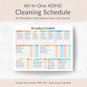 ADHD Cleaning Schedule Printable PDF, Editable Home Chore Chart, Daily Weekly Monthly Routine for Busy Moms & Families