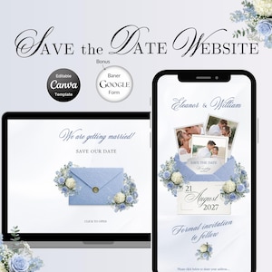 Sitio web de boda con diseño floral azul para guardar la fecha / Colección de direcciones de formularios de Google / Plantilla de invitación editable de Canva (descarga digital)