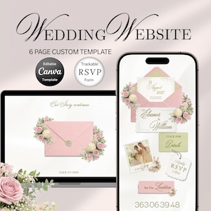 Könnte beinhalten: Ein Hochzeitswebsite-Template, das auf einem Laptop und Smartphone angezeigt wird. Das Design zeigt einen rosa Umschlag mit floralen Akzenten und den Text "WEDDING WEBSITE" und "6 PAGE CUSTOM TEMPLATE". Enthält Schaltflächen "Editable Canva Template" und "Trackable RSVP Form".
