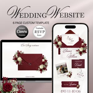 May include: A wedding website design displayed on a laptop and smartphone. The design features a burgundy envelope with floral arrangements, the text "Wedding Website," and "6 Page Custom Template." Additional elements include "Editable Canva Template" and "Trackable RSVP Form."