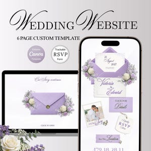 Può includere: Un modello di sito web di matrimonio visualizzato su un laptop e uno smartphone. Il design presenta una busta color lavanda con accenti floreali e il testo "Wedding Website" e "6 Page Custom Template". Include le opzioni "Canva Template" e "RSVP Form".