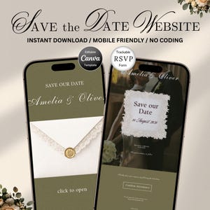 Könnte beinhalten: Zwei Smartphones, die ein Hochzeitswebsite-Design anzeigen. Die Bildschirme zeigen eine Save-the-Date-Ankündigung mit den Namen "Amelia & Olive" und ein RSVP-Formular. Das Design umfasst florale Akzente und den Text "Save the Date Website".