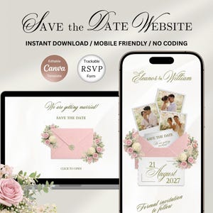 May include: A digital wedding invitation design featuring a laptop and a smartphone. The laptop displays a pink envelope with floral accents and the text "We are getting married!". The smartphone shows photos and the date "August 2027". The design includes the text "Save the Date Website".