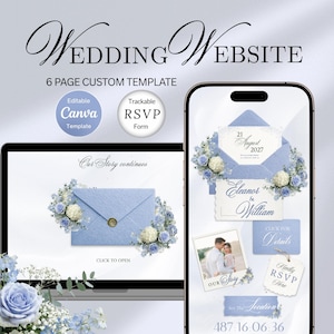 May include: A wedding website template displayed on a laptop and smartphone. The design features a light blue envelope with floral accents, and the text "Wedding Website" and "6 Page Custom Template". Includes "Canva Template" and "RSVP Form" icons.