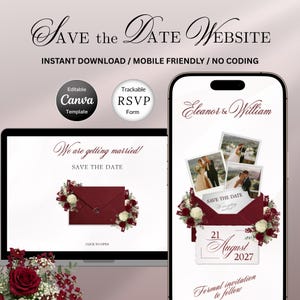 Puede incluir: Un diseño digital de invitación de boda que se muestra en una computadora portátil y un teléfono inteligente. La computadora portátil muestra un sobre burdeos con detalles florales. El teléfono inteligente muestra fotos y el texto "Eleanor & William" y "Save the Date".
