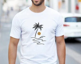 Palm Tree Sunset T Shirt, Beach Graphic Tee, Tropical Vacation Shirt, Minimalist Summer T Shirt, Coastal Aesthetic Tee, Unisex Beachwear