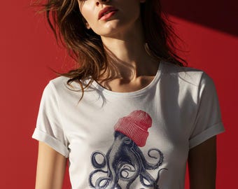 Octopus Beanie T Shirt, Cute Octopus Graphic Tee, Ocean Animal Shirt, Funny Sea Creature T Shirt, Marine Life Tee, Unisex Gift