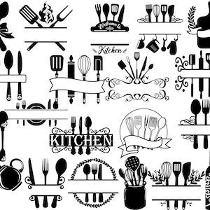 Kitchen Monogram SVG Bundle, Split Frame Cooking Utensils PNG, Farmhouse Kitchen Sign Cut Files, Chef Clipart, Baking Apron Design Vector