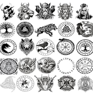 May include: A selection of black and white illustrations with a Viking theme. The images depict Norse gods, wolves, ravens, and circular designs with runes and symbols. The artwork is detailed and features a variety of Viking imagery.