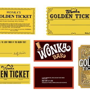 Könnte beinhalten: Eine Sammlung goldener Tickets und Wonka Bar-Verpackungen. Die Tickets tragen den Text "Wonka's Golden Ticket" und enthalten Details zur Fabrik. Die Wonka Bar-Verpackung ist rot und schwarz.