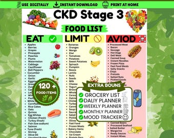 CKD Stage 3 Food List Printable | Kidney Diet Meal Plan | Renal Grocery List Bundle | Low Sodium Low Potassium Diet Chart PDF