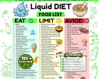 Liquid Food List Printable | Soft Diet Food Chart | Meal Plan & Grocery List Bundle | Post-Surgery Recovery PDF