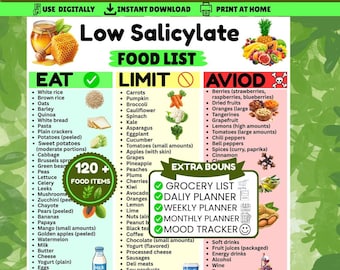 Low Salicylate Food List PDF | Salicylate Sensitivity Diet Chart | Meal Plan & Grocery List Bundle | MCAS Food Guide