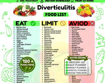 Diverticulitis Food List Printable | Low Fiber Flare-Up Chart | Meal Plan & Grocery List Bundle | Gut Health PDF
