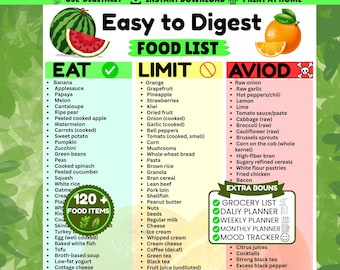 Easy to Digest Food List Printable | Gentle Stomach Diet Chart | Meal Plan & Grocery List Bundle | Senior Friendly PDF