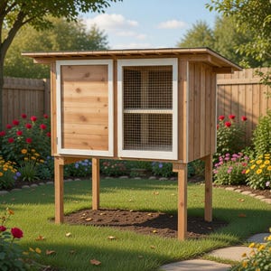 Könnte beinhalten: Ein hölzerner Hühnerstall mit einem schrägen Dach, einer festen Tür und einem Drahtgitterfenster. Der Stall steht auf Holzbeinen und befindet sich in einem grasbewachsenen Garten mit Blumen.