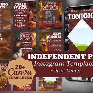 May include: A collection of over 20 Canva templates for Instagram, designed for independent pubs. The templates feature various themes, including opening times, weekly events, live music, quiz nights, and sports schedules, all in a warm, inviting color scheme.