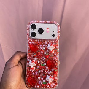 Red Sanrio Hello Kitty Glitter Rhinestone Kawaii Phone Case Decoden Style Resin Cover image 2