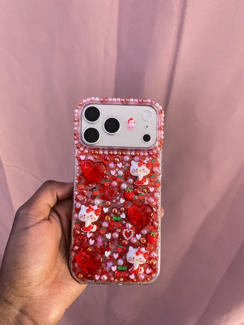 Red Sanrio Hello Kitty Glitter Rhinestone Kawaii Phone Case Decoden Style Resin Cover image 2