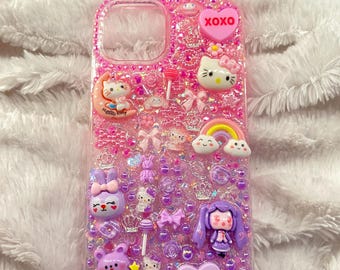 Pink Purple Split iPhone Case, Handmade Resin Charm Phone Cover, Kawaii Decoden Style