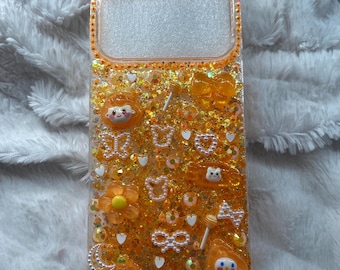 Orange Kawaii Decoden Cute iPhone Case | Sparkly Glitter Glam Decoden Resin Phone Cover with Charms