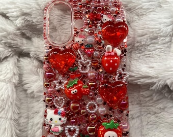 Handcrafted Red Hearts Kawaii Phone Case: Decoden Style Resin Cover