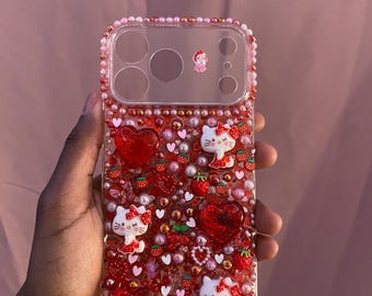 Coque de portable rouge Sanrio Hello Kitty à paillettes et strass Kawaii, coque en résine style Decoden