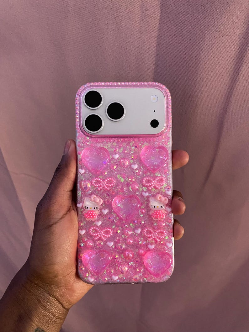 Hello Kitty iPhone Case Pink Glitter Rhinestone Decoden Style Resin Kawaii Phone Case image 7