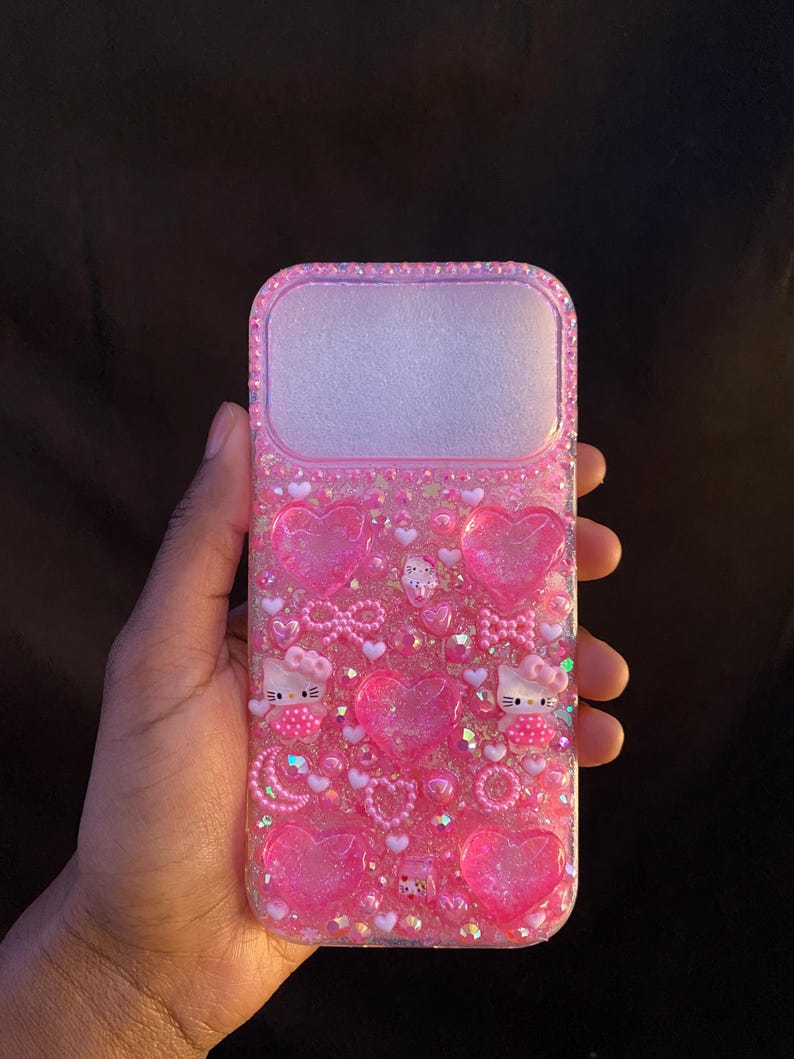 Hello Kitty iPhone Case Pink Glitter Rhinestone Decoden Style Resin Kawaii Phone Case image 6