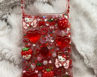 Hello Kitty Kawaii, Coque de portable rouge et rose, style Decoden, 17 Pro Max