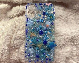Blue Aqua Ocean Kawaii Phone Case Decoden Style Resin Cover