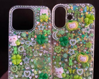 Coque de portable verte kawaii style Decoden, thème Saint-Patrick