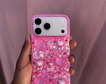 Hello Kitty, coque pour iPhone, rose pailleté, strass, style Decoden, résine Kawaii, coque de portable