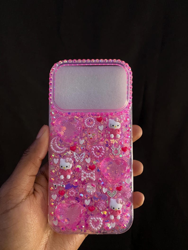 Hello Kitty iPhone Case Pink Glitter Rhinestone Decoden Style Resin Kawaii Phone Case image 4