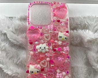 Coque de portable rose Hello Kitty, Kawaii, coque esthétique en résine décodée à paillettes et strass pour iPhone et Android