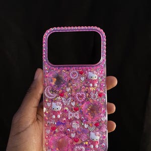 Hello Kitty iPhone Case Pink Glitter Rhinestone Decoden Style Resin Kawaii Phone Case image 2